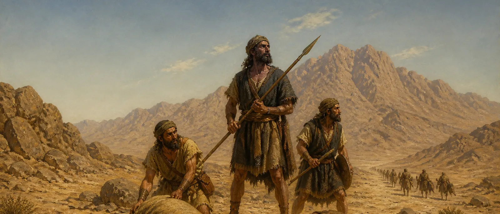 Amalekite raiders attack a vulnerable point of a traveling camp amidst a dry, rocky desert canyon.