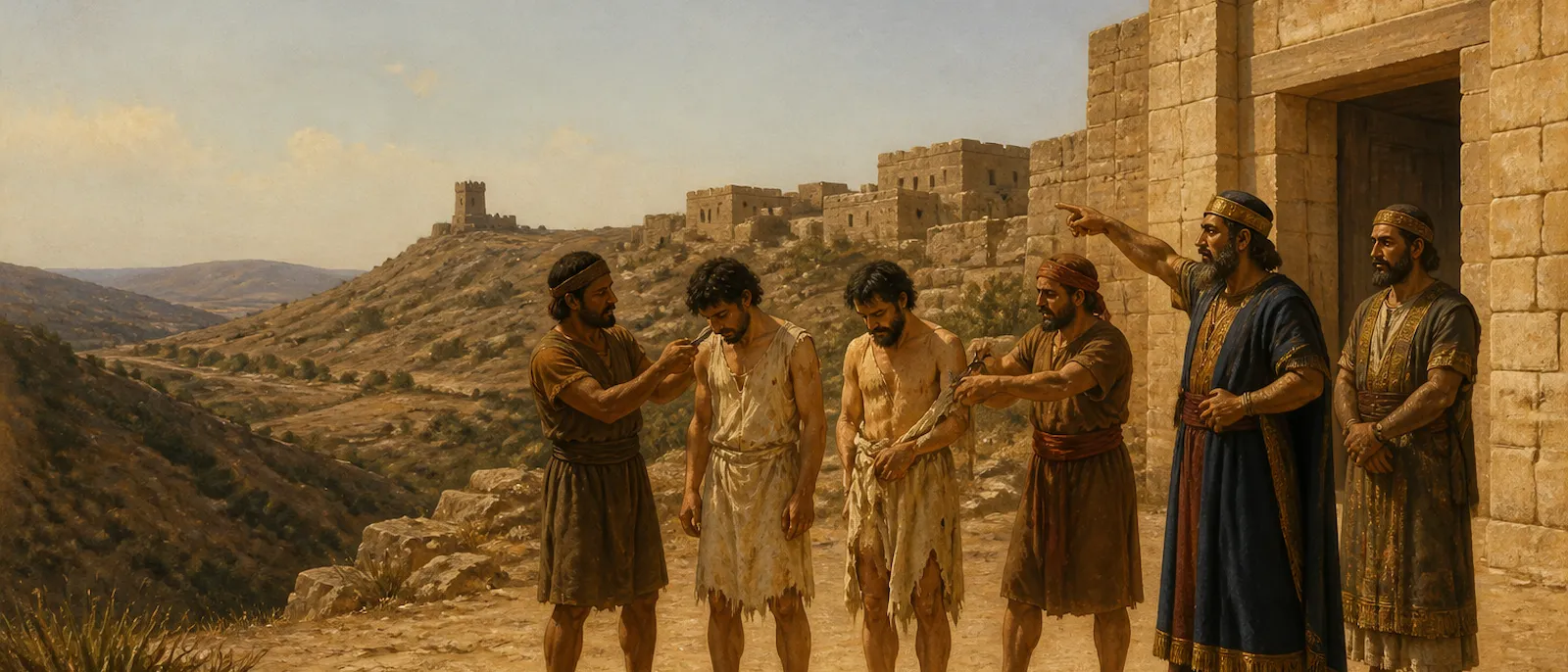 Ammonite leaders stand near a stone palace gateway while Israelite messengers with half-shaven beards and cut garments stand in distress.