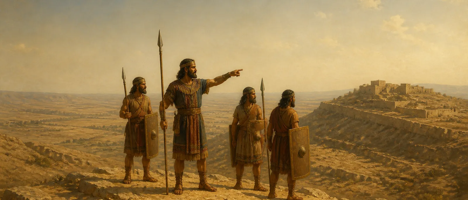 King Sihon and a small group of Amorite soldiers stand on a rocky mountain ridge overlooking their fortified high-country settlement.