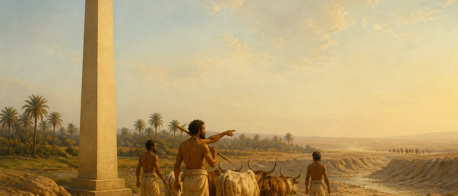 Ancient nomadic people guide their livestock through a vast desert landscape near a towering blank monument under a bright sun.