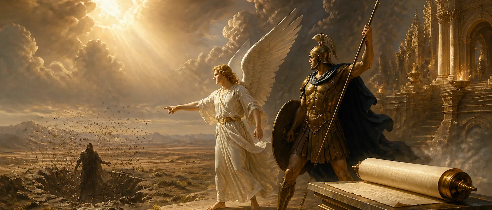 Three distinct angelic figures appear in a heavenly setting, representing the roles of messenger, warrior, and ruler of the abyss.