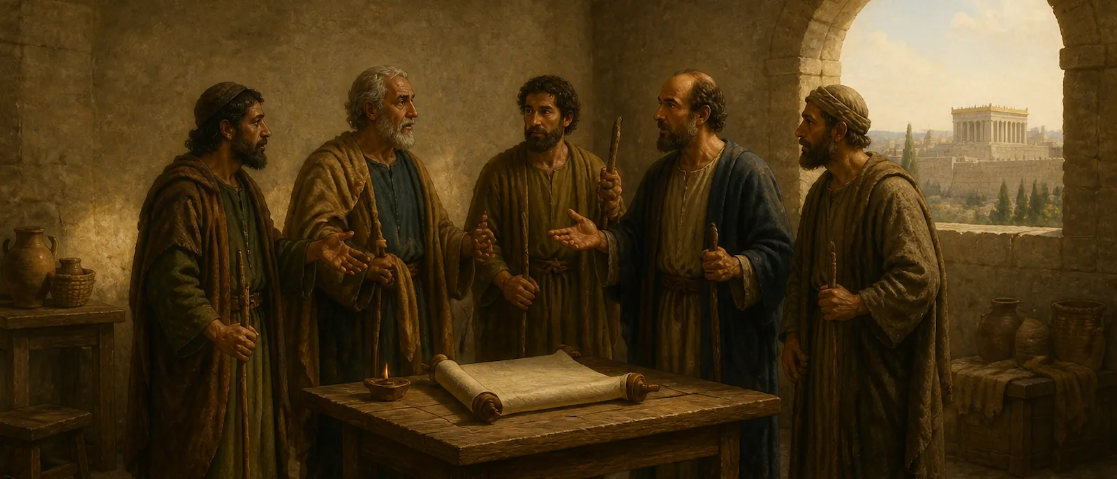 Five early church leaders dressed for travel gather around a table with a scroll in a stone room overlooking Jerusalem.