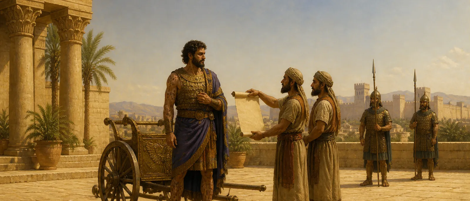 An Aramean general and his servants stand in a palace courtyard in Damascus near a chariot and tall limestone pillars.