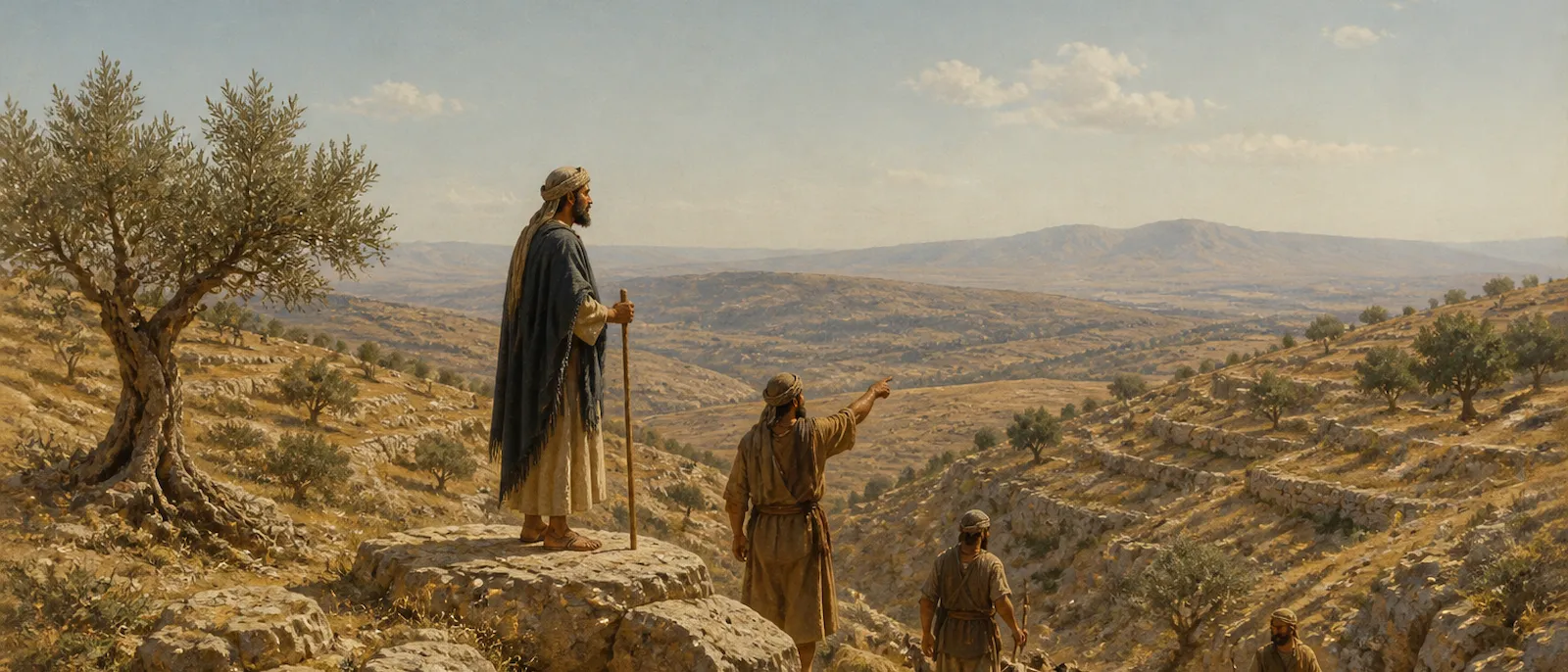 A group of men from the clan of the Archites stand on a rocky, terraced ridge overlooking the borders of Ephraim.
