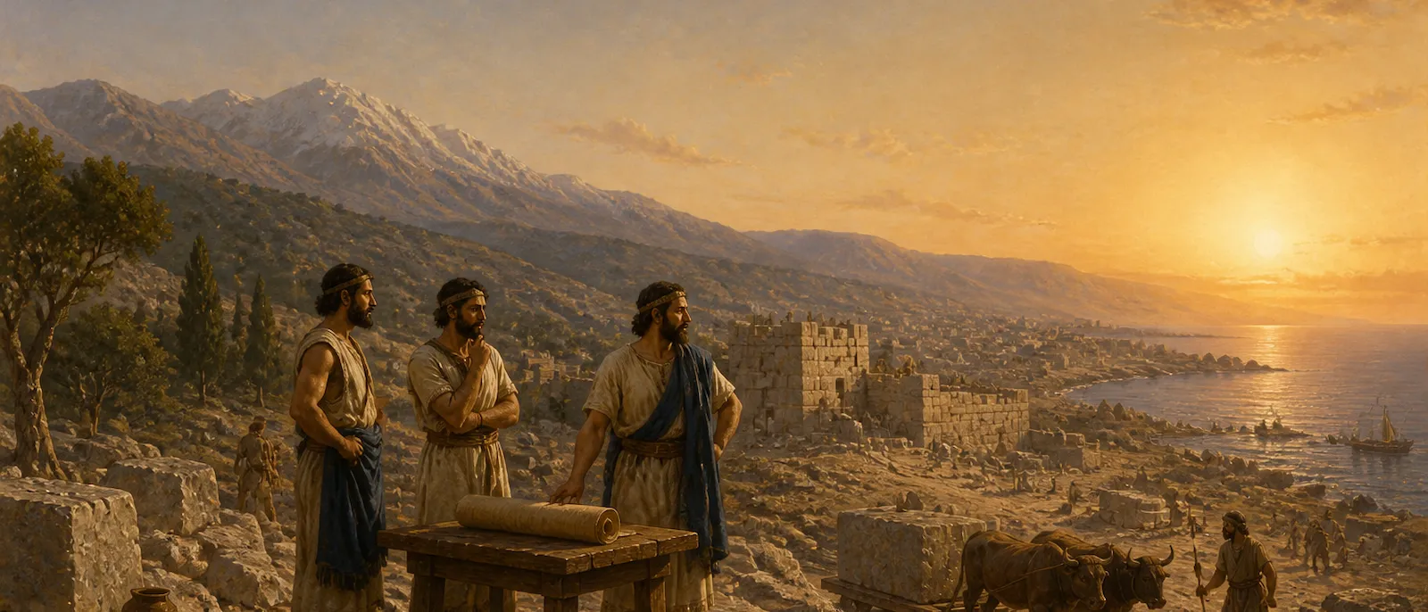 Ancient Canaanite builders oversee the construction of a limestone structure at the base of a cedar-covered mountain range.