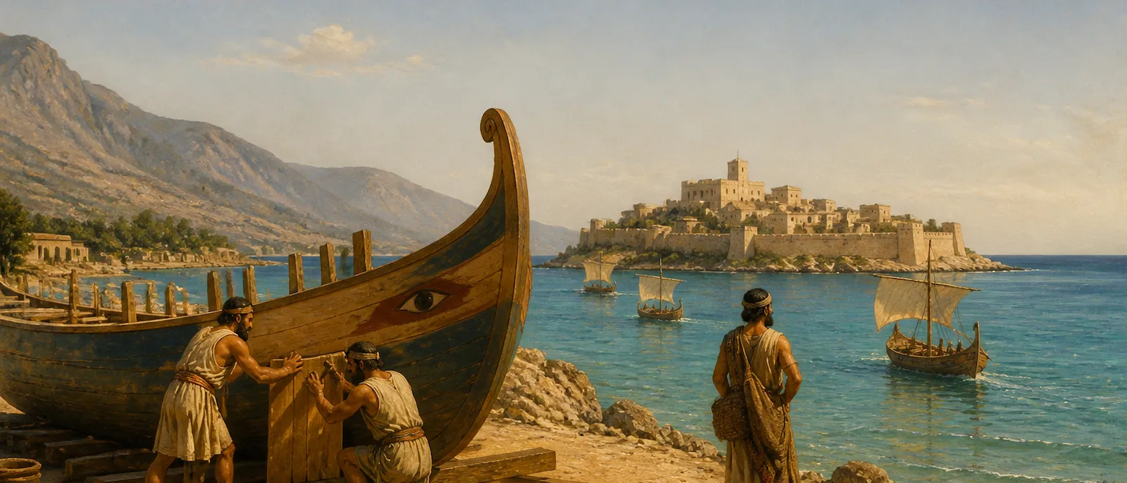 Ancient shipbuilders work on a wooden vessel on a rocky coastline with an island city visible in the distance across the sea.