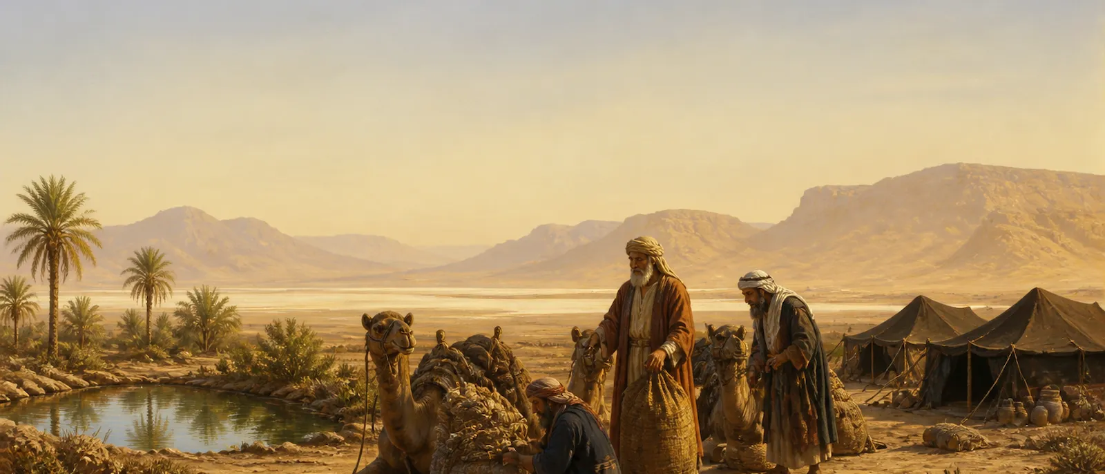 A group of ancient nomadic traders and their camels gather at a small water source amidst a sprawling desert horizon.