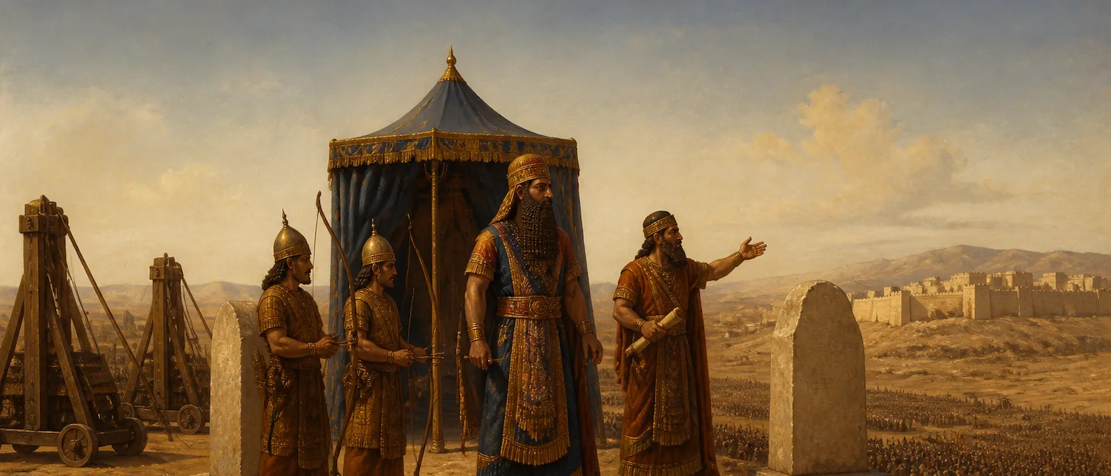 An Assyrian king and his royal official stand near siege engines on a dry plain facing the distant walls of Jerusalem.