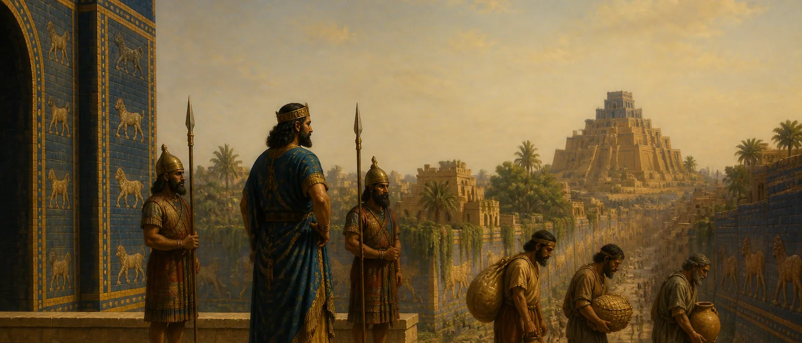 Babylonian soldiers and their king watch from a high palace balcony as a small group of exiles enters the city through a monumental arched gate.