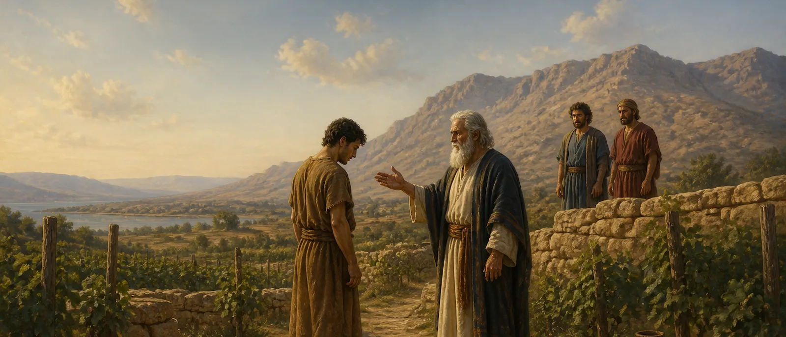 A young man stands submissively before an elder in a lush vineyard while two other men watch from a distance.