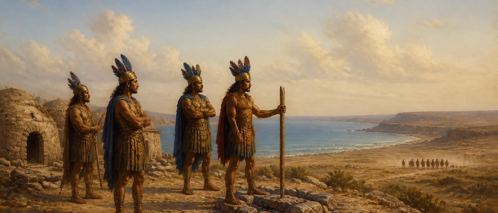Caphtorite settlers in ancient seafaring attire claim a village of simple stone and sod huts on a coastal plain as the previous inhabitants retreat into the distance.
