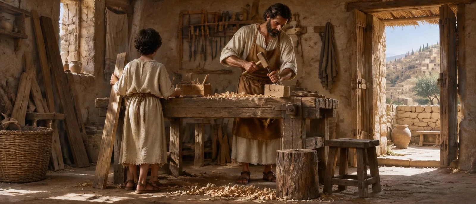 Joseph works at a carpentry bench in Nazareth while a boy assists with his face turned fully away.