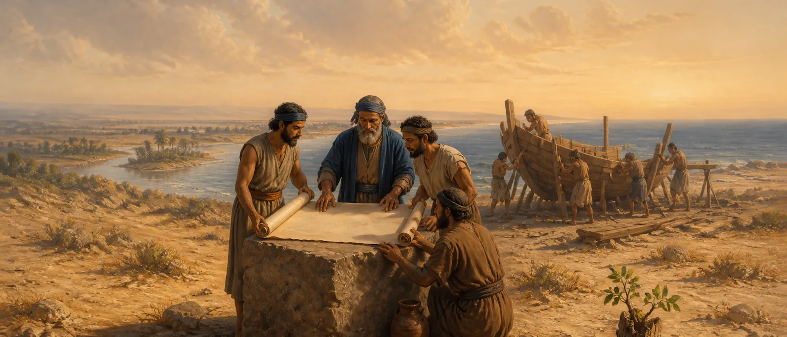 A group of ancient travelers from the lineage of Mizraim gather by the sea to chart their expansion near a budding plant and a primitive shipyard.