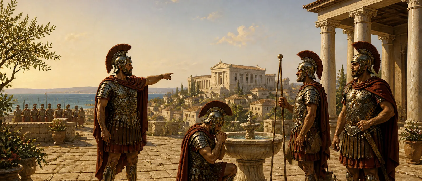 Four Roman centurions in traditional military regalia stand together in a classical courtyard overlooking the sea.