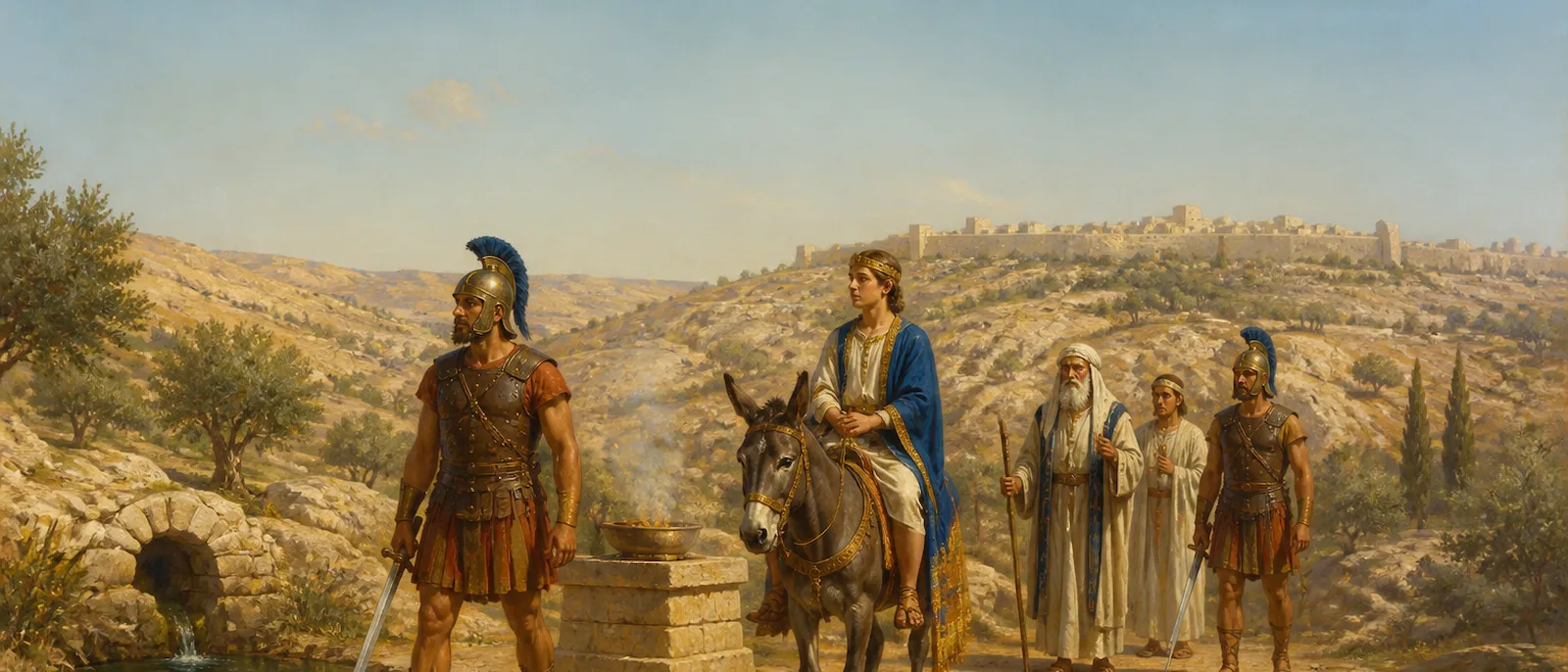 Ancient Cherethite guardsmen in distinctive coastal armor escort a young prince and his entourage through a rocky valley during a royal procession.