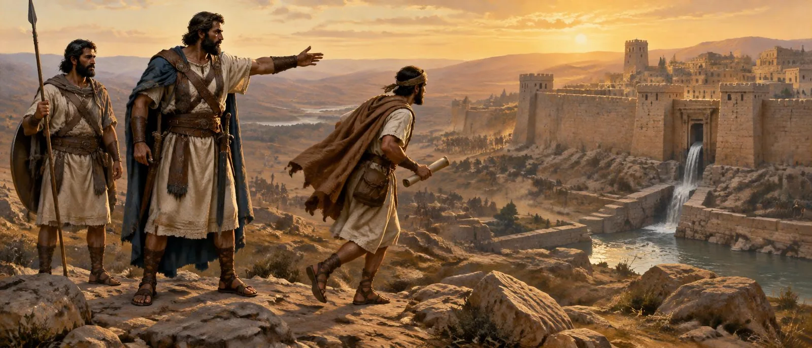 Joab sends a messenger to David from before the fortified walls and waterworks of Rabbah.