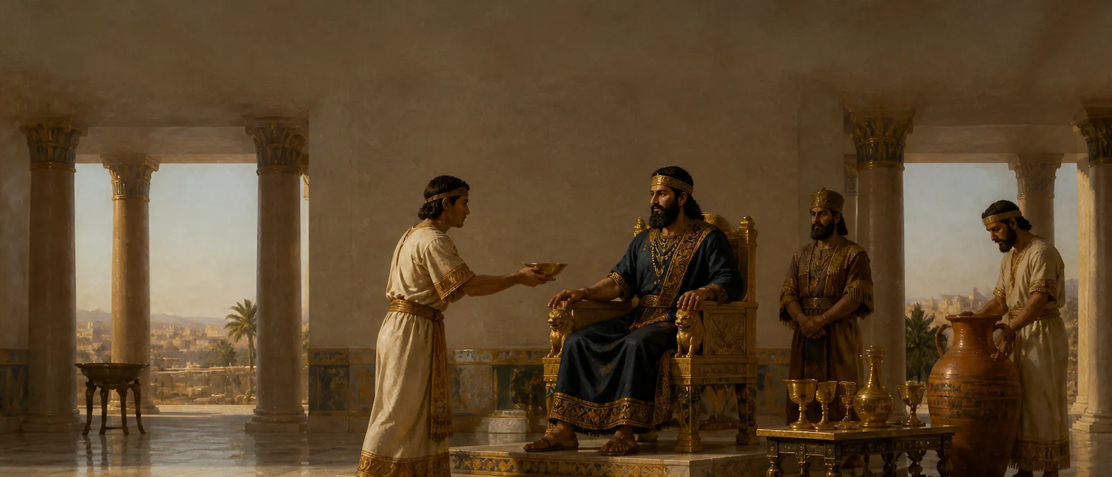 A cupbearer in ancient royal attire offers a golden vessel to a king seated on a throne within a spacious palace hall.