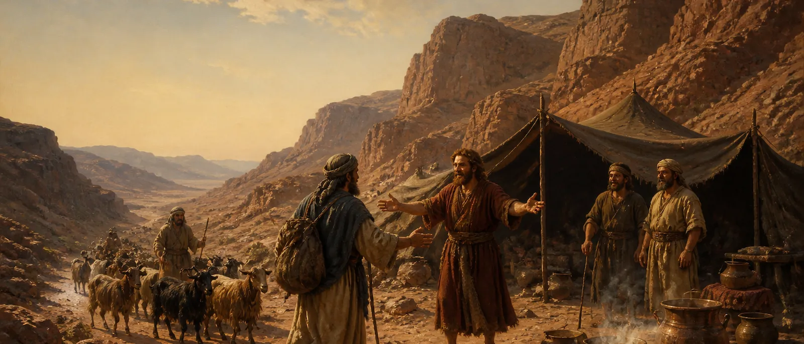 Esau and his kin stand among goatskin tents and livestock beneath the massive red rock cliffs of Seir.
