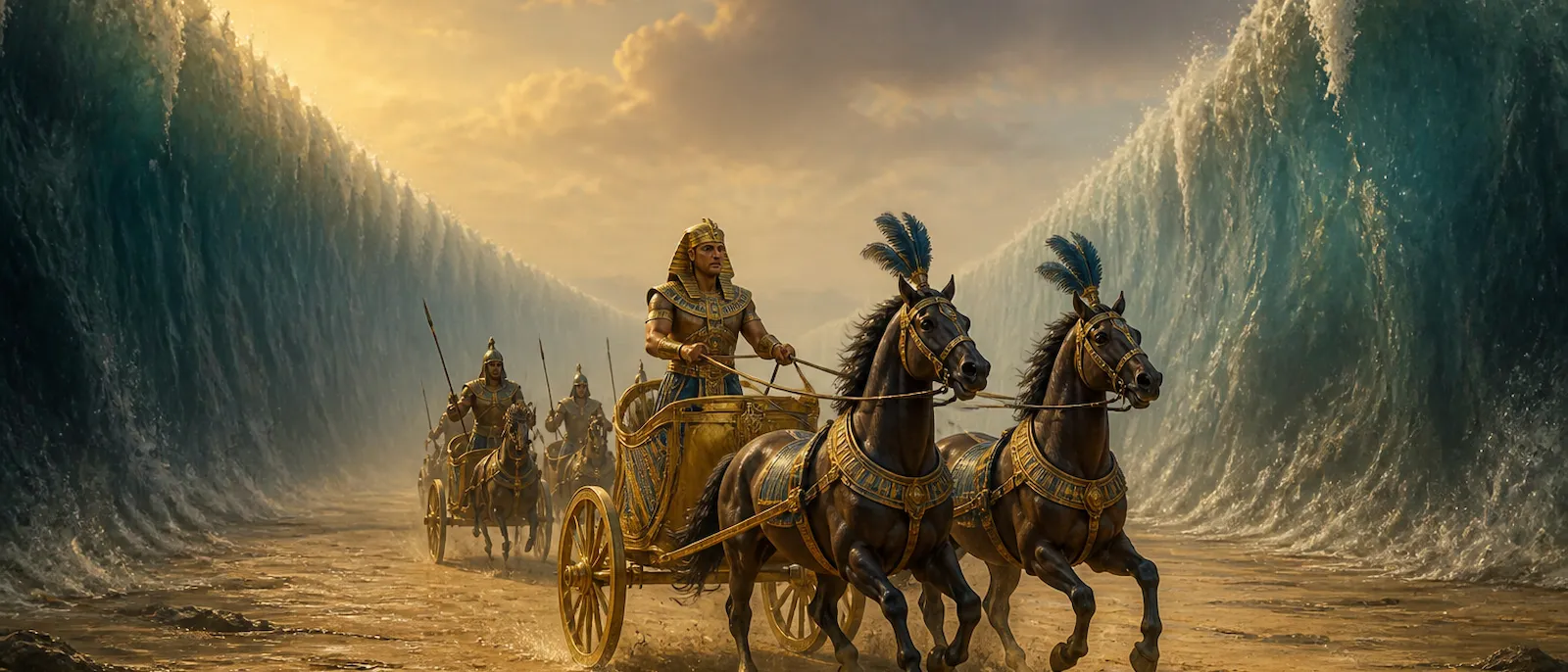 An Egyptian Pharaoh and his charioteers gallop through a dry path on the seabed between two towering walls of water.