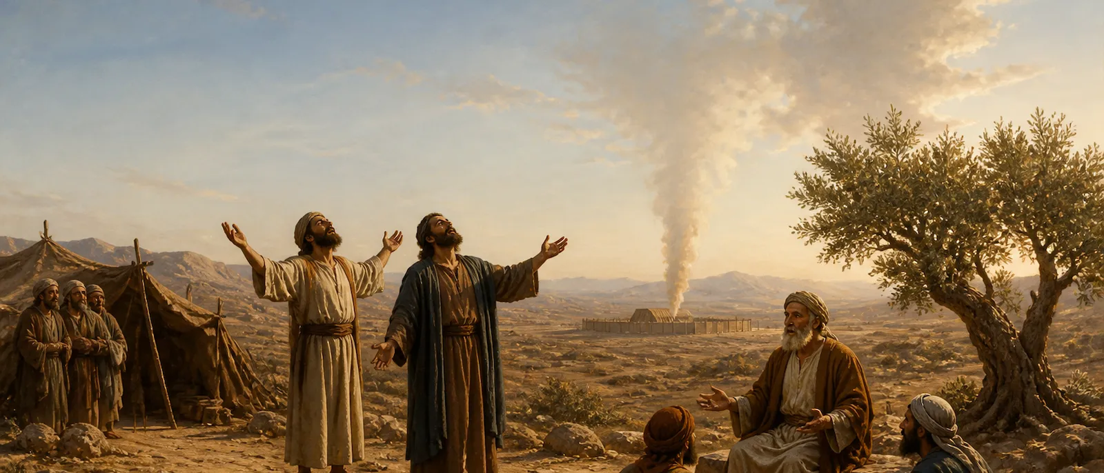 Two men prophesy in a desert camp while a silver-haired leader instructs a small group under the shade of an olive tree.