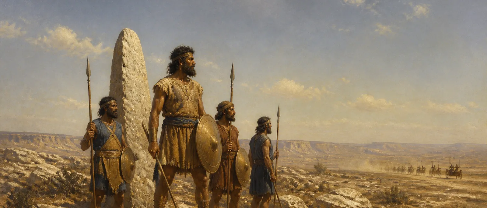 A group of exceptionally tall ancient warriors stands in a desert valley as an army approaches in the far distance.