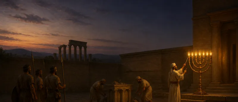 A priest lighting a golden seven-branched lampstand in a rededicated temple court while fighters and priests clear a defiled altar.