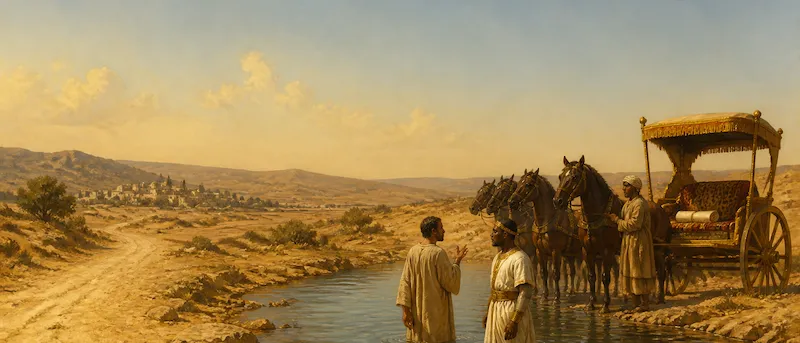 A halted chariot beside a roadside pool on a desert road, where a finely dressed African official stands in the water with a plain-robed traveller.