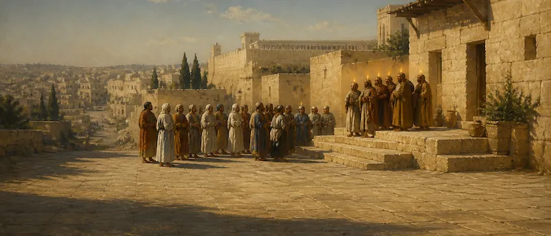 Galilean men speaking from the steps of a Jerusalem house with flames of light above them as a crowd of pilgrims from many nations turns to listen.