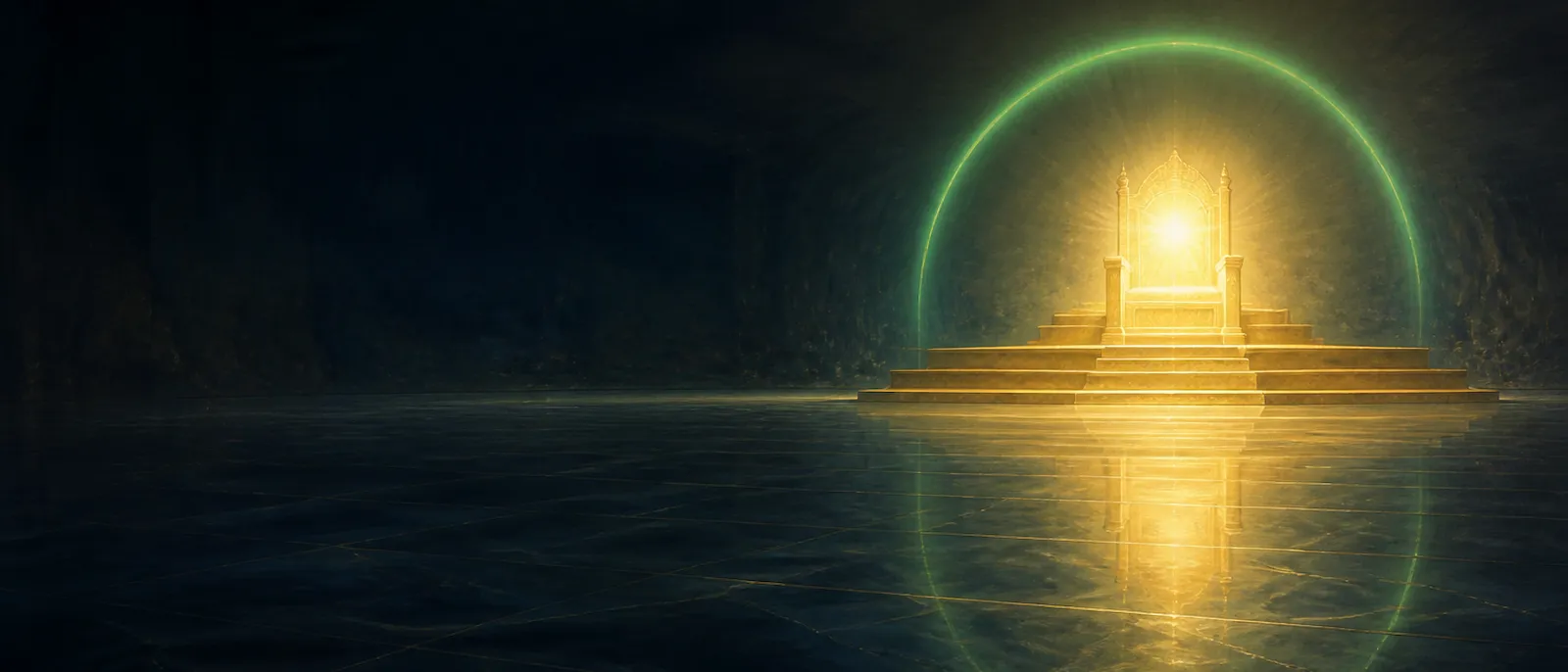 An empty heavenly throne room with a floor of glass like a crystal sea and an unseen throne wreathed in gold light beneath an emerald rainbow.
