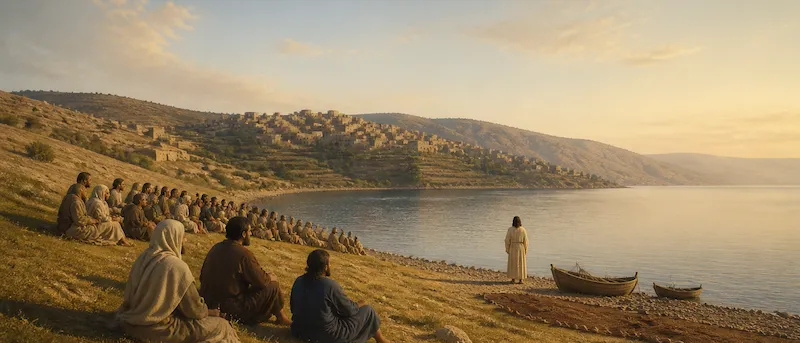 A crowd seated on a Galilean hillside listening to a distant robed teacher seen from behind, with fishing boats on the lake shore below.
