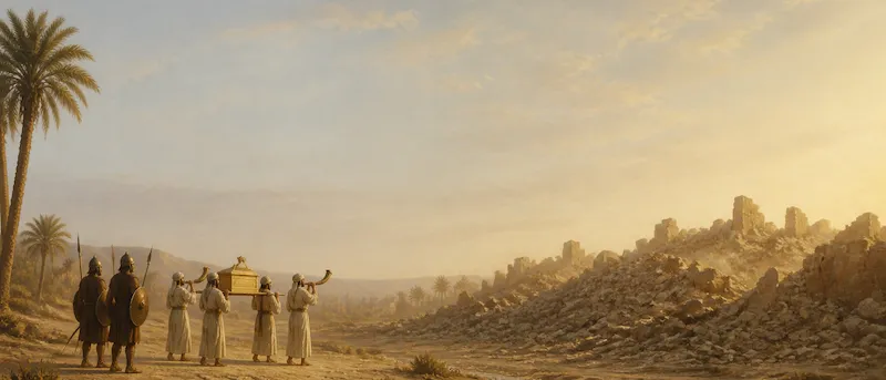 Priests with rams' horns and the ark halted on the plain before the collapsed mud-brick walls of a Canaanite city.