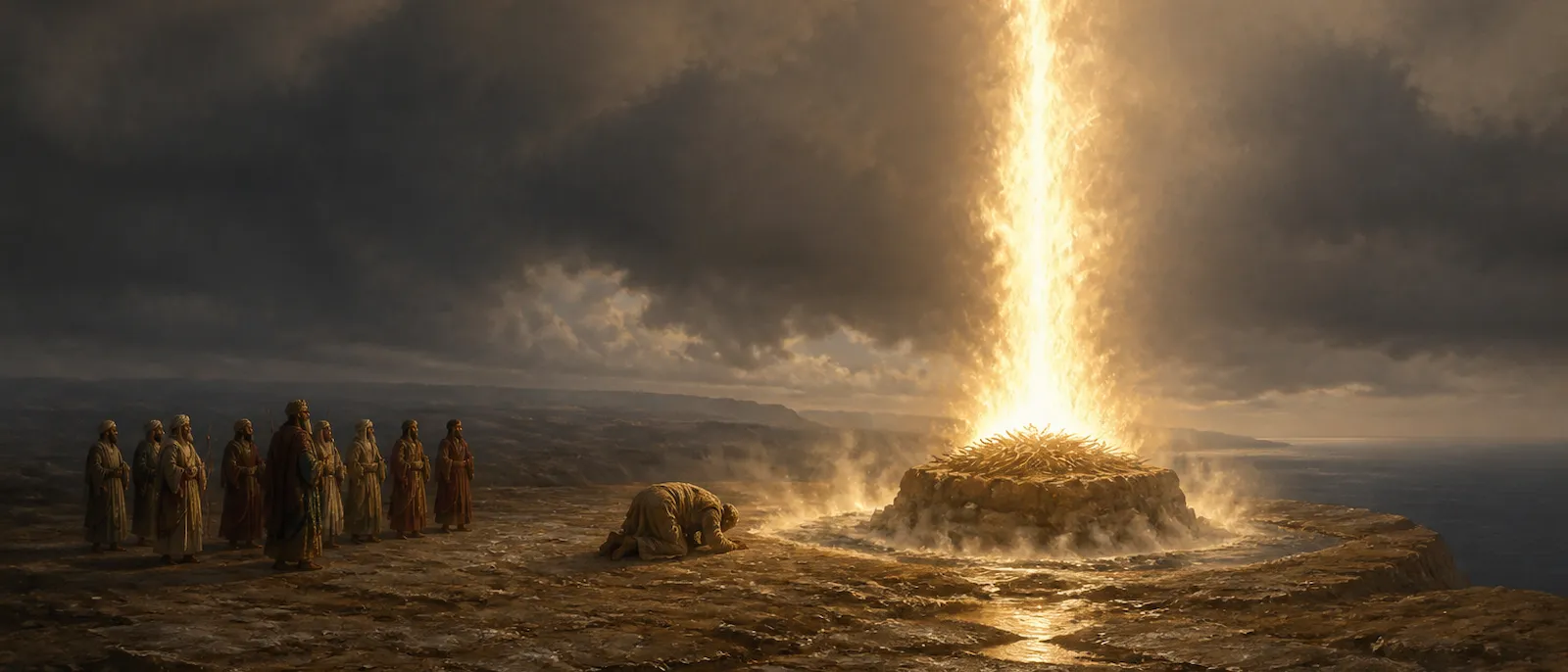 A prophet bowed to the ground beside a water-ringed altar on a sea headland as a column of fire falls on the drenched wood and a distant crowd draws back.