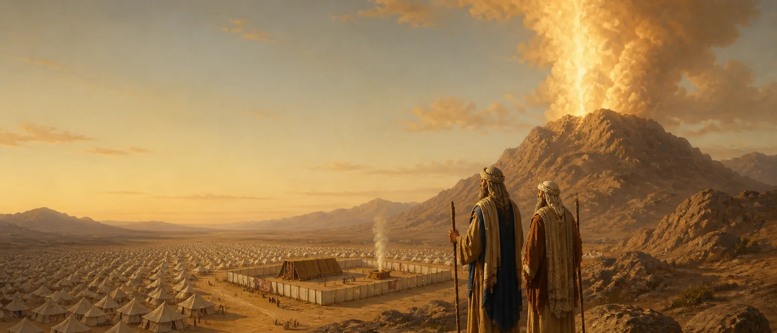 The camp of Israel spread across a desert basin below a mountain wrapped in a pillar of cloud, with the tabernacle court at its centre.