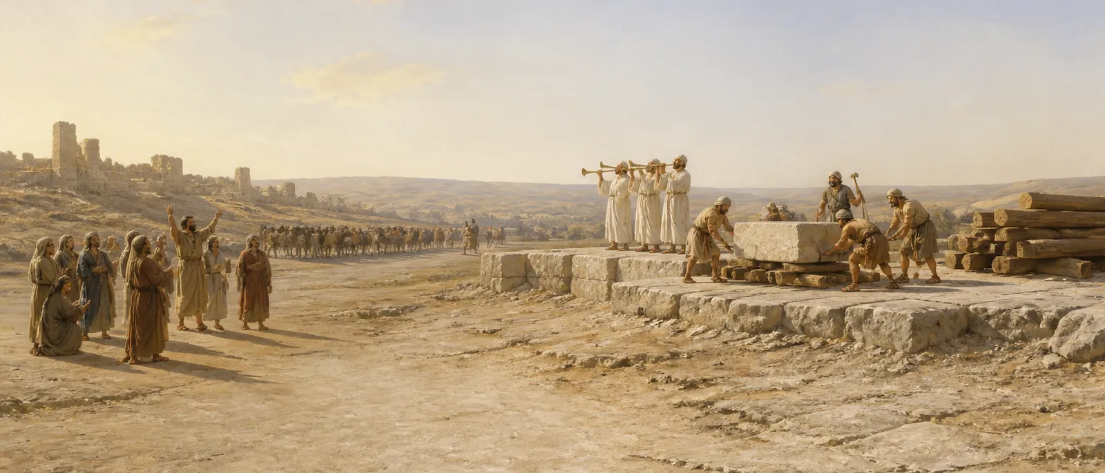 Masons laying the foundation stones of a new temple on a rock platform while priests with trumpets and a weeping crowd look on.