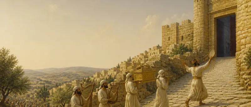 Levites carrying the ark up the ramp to a hilltop citadel while a king dances before it and crowds line the terraced slope.