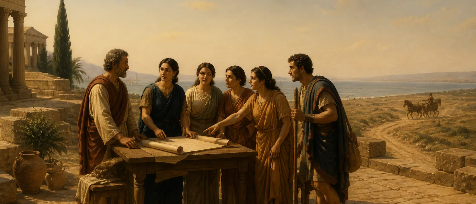 Two men and four women gather around a table in a stone courtyard while a distant chariot travels across a dusty horizon.