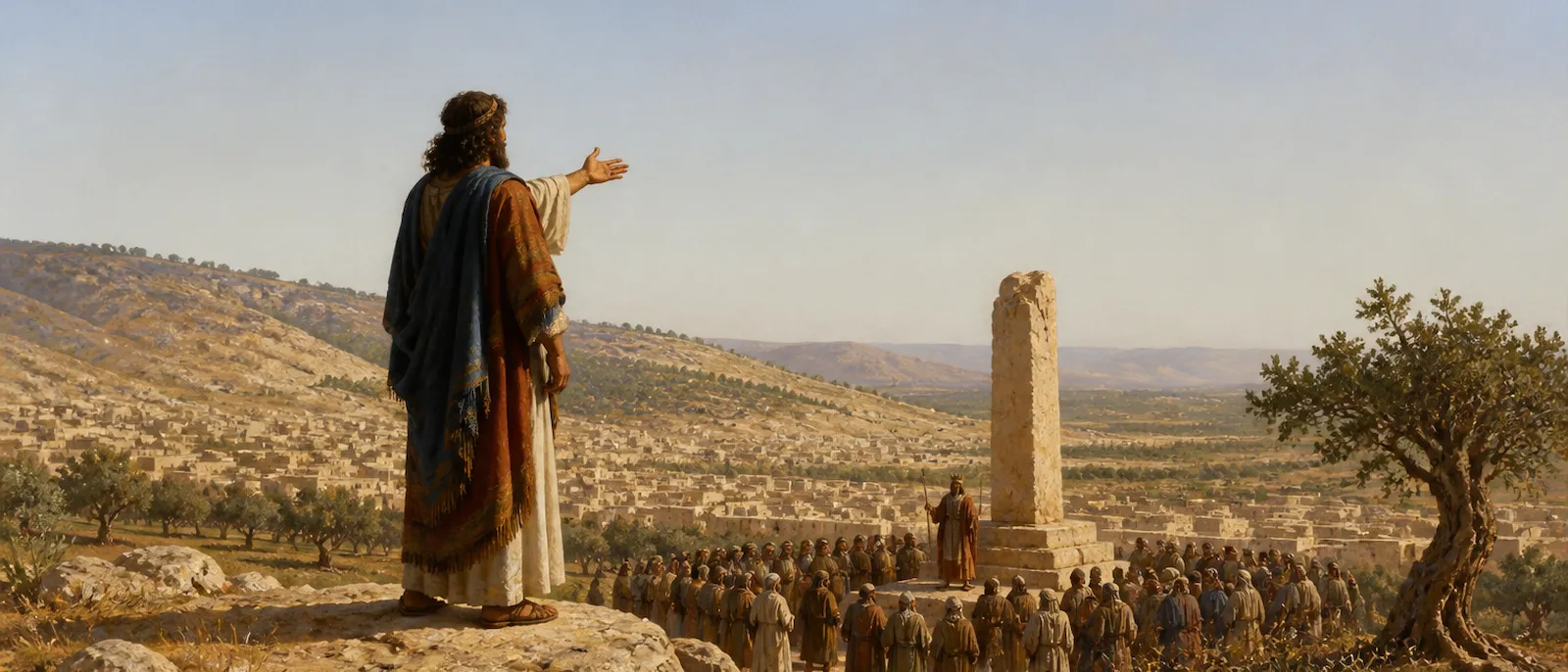 A lone man on a high mountain ridge addresses a distant crowd gathered around a standing stone pillar in a valley of olive trees.