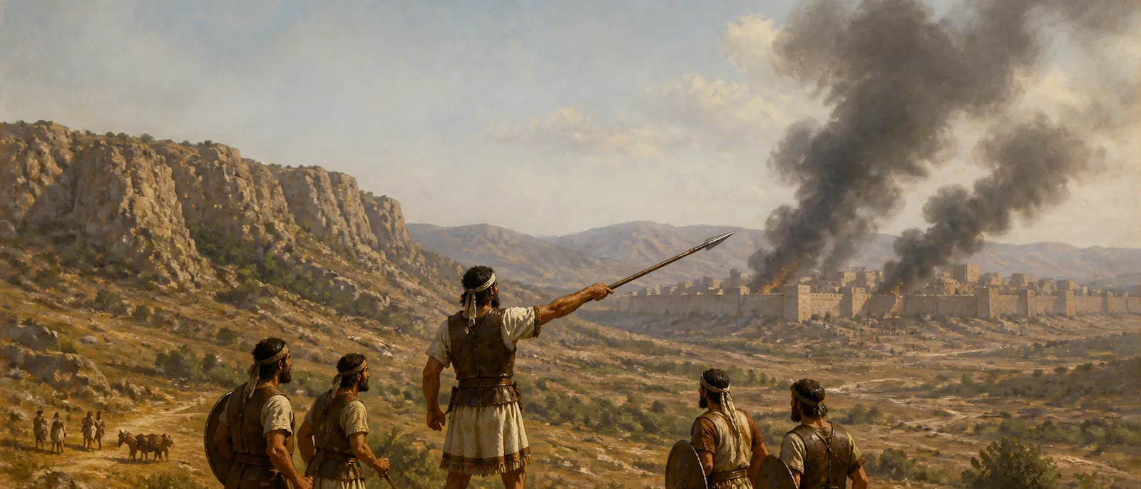 Joshua points a spear toward a burning city in a rocky valley while his soldiers prepare for battle.