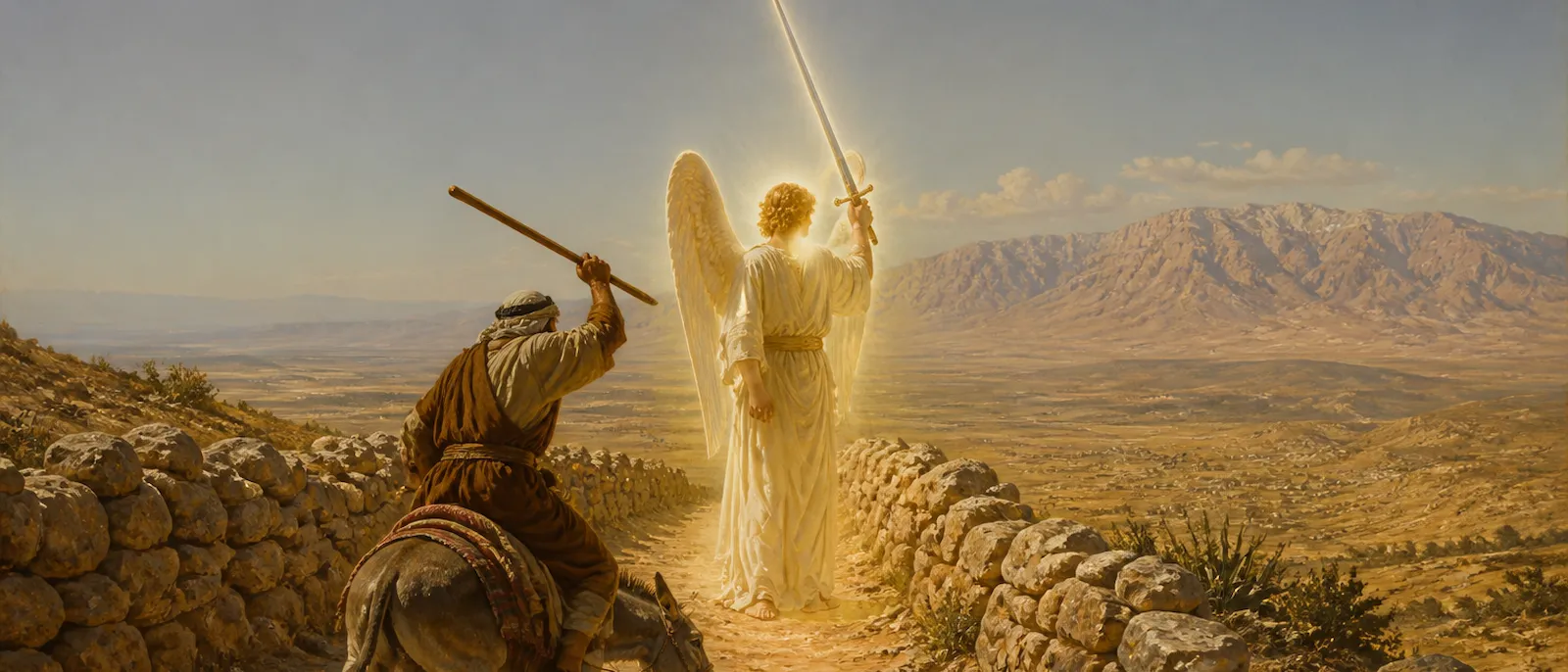 A man on a donkey encounters a celestial figure with a sword on a narrow path between stone walls.