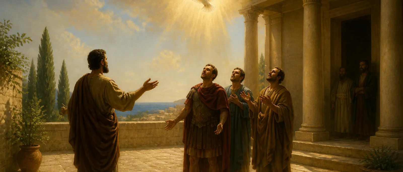 Peter preaches to the centurion Cornelius and his household in a sunlit Roman courtyard.