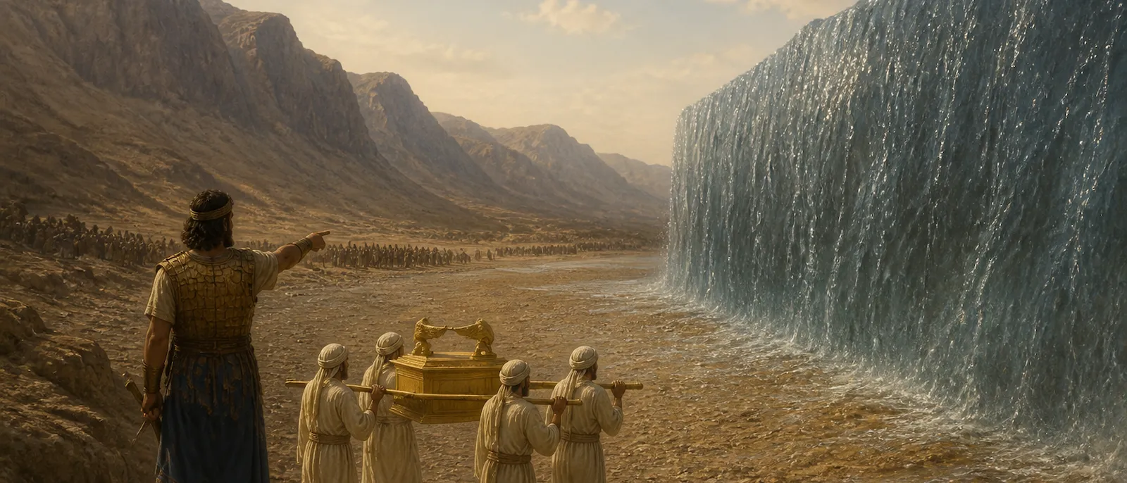 Priests carry a golden chest into a dry riverbed between standing walls of water while a leader watches from the shore.