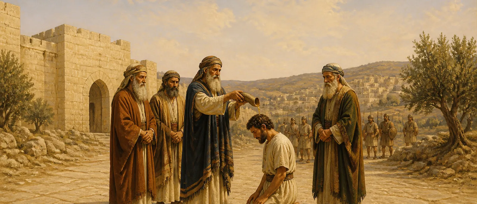 At Hebron’s gate, an elder pours oil from a horn over the bowed head of kneeling, bareheaded David while other elders and armed Israelites look on.