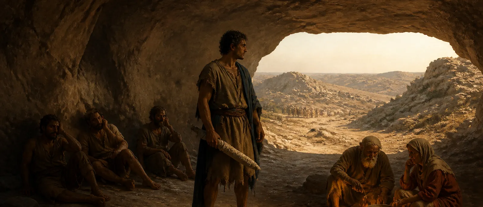 David stands inside a large, rocky cave surrounded by his family and a few distressed followers while holding a large wrapped sword.