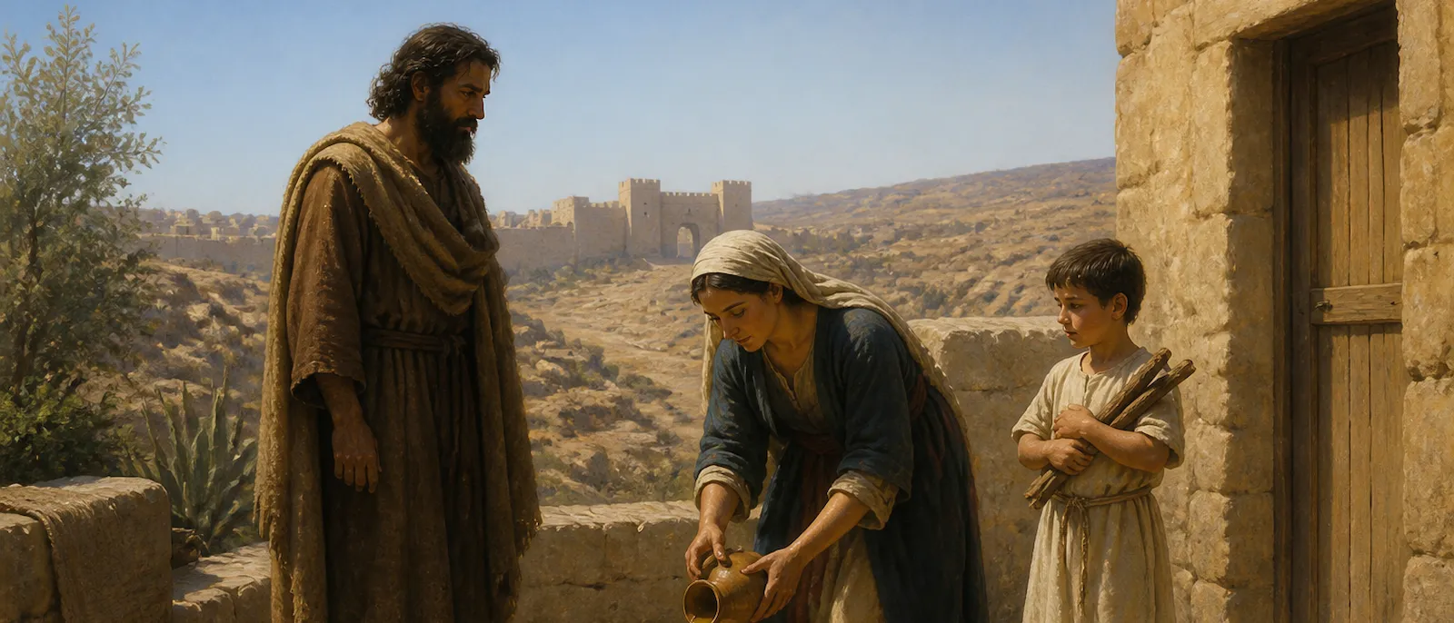 A man in primitive robes watches a woman in ancient Near Eastern dress pour oil from a small jar into a bowl of flour while a young boy stands nearby.