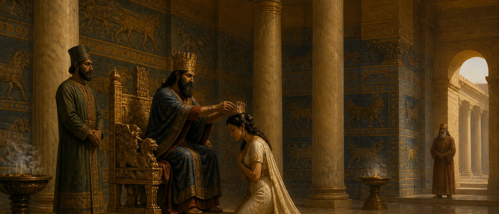 King Xerxes places a royal crown on Esther's head within a majestic Persian palace hall while attendants watch from the shadows.