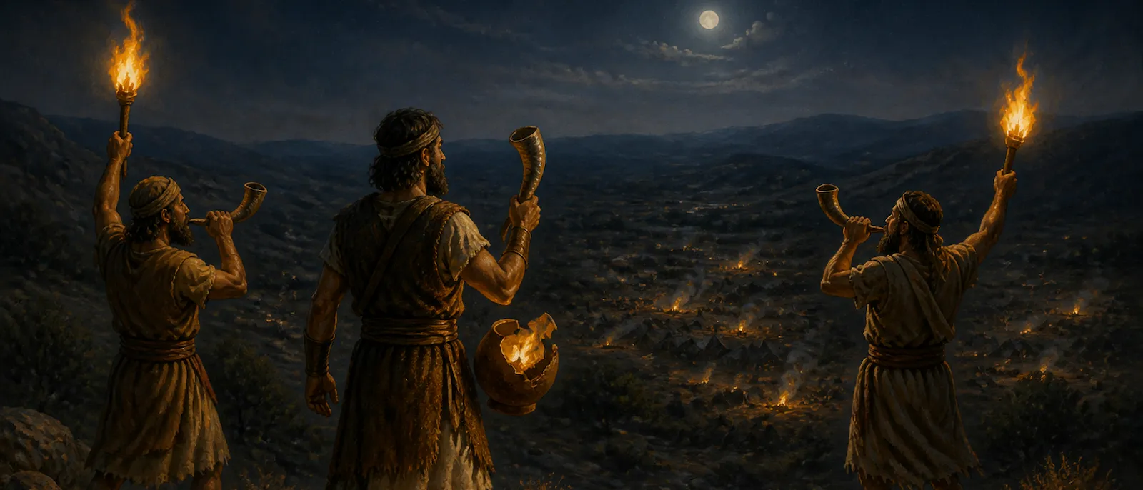 Gideon and his men stand on a dark ridge at night, raising torches and blowing trumpets above a valley filled with distant campfires.