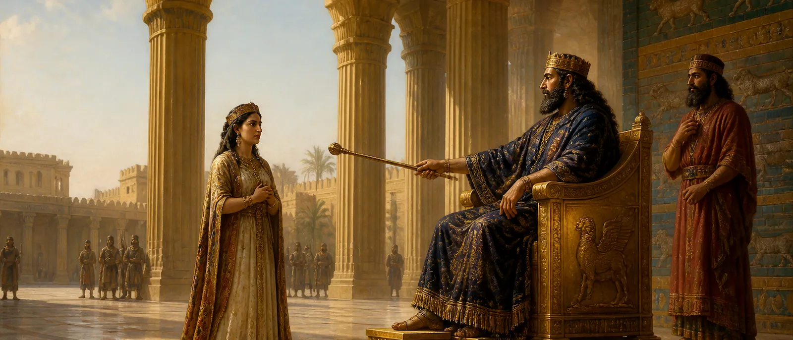Queen Esther approaches King Xerxes on his throne as he extends a golden scepter toward her in a grand Persian courtyard.