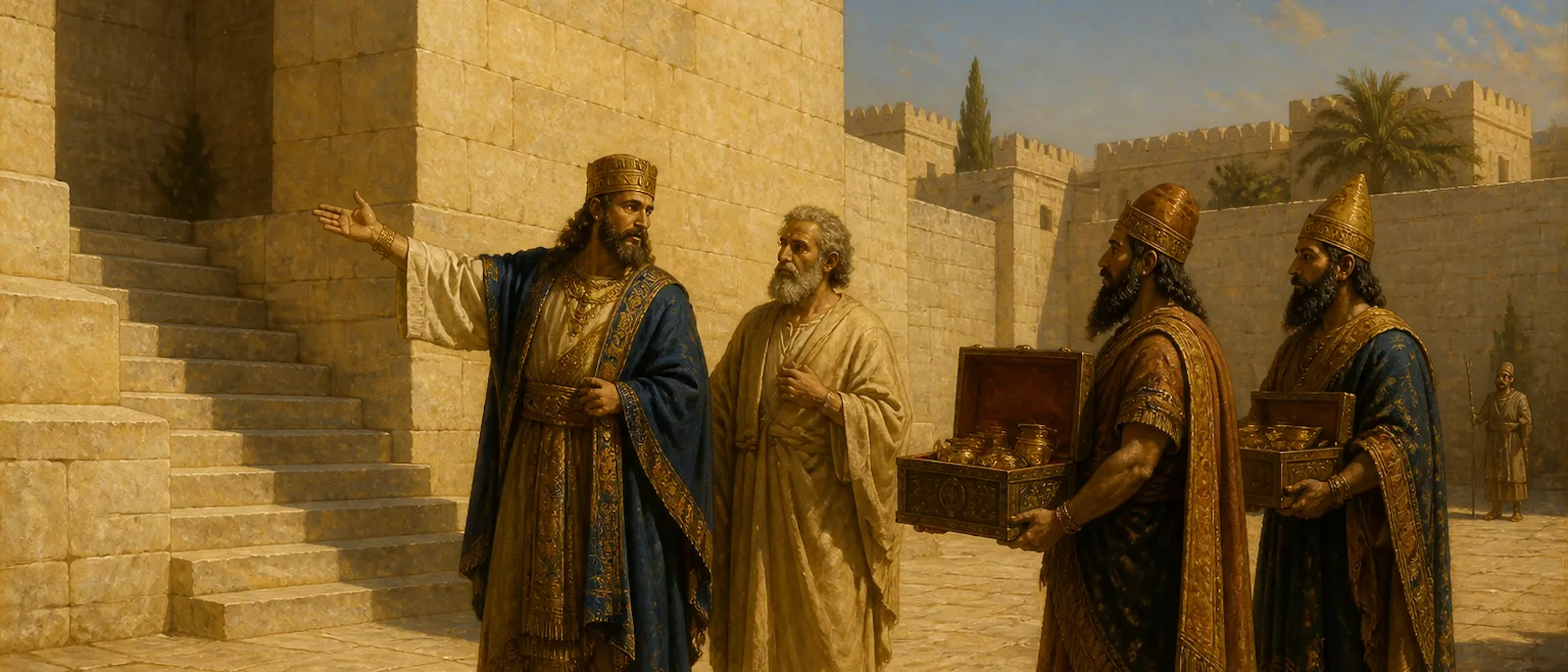 King Hezekiah and the prophet Isaiah observe a shadow moving backward on a stone stairway while Babylonian messengers present gifts in a palace courtyard.