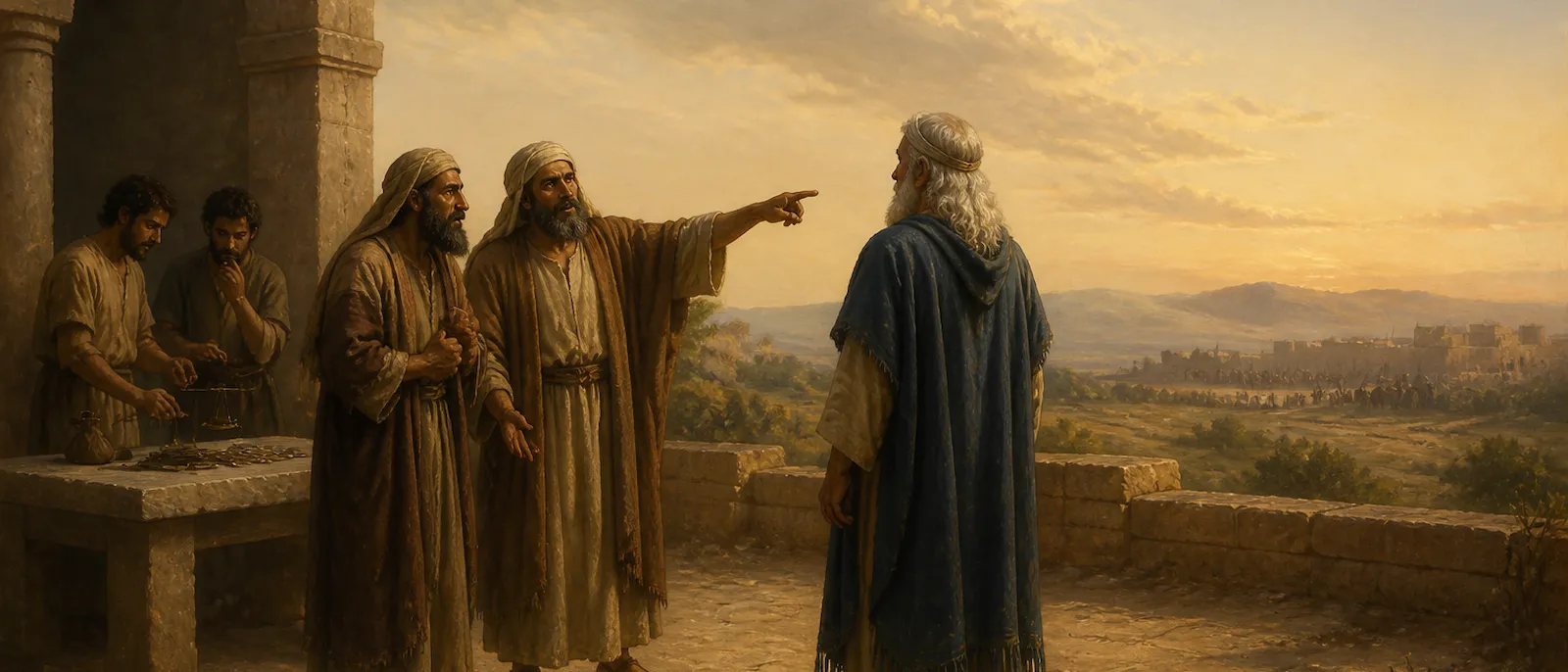 An elderly prophet Samuel listens to the elders of Israel at Ramah while his dishonest sons stand near a table of bribes in the background.