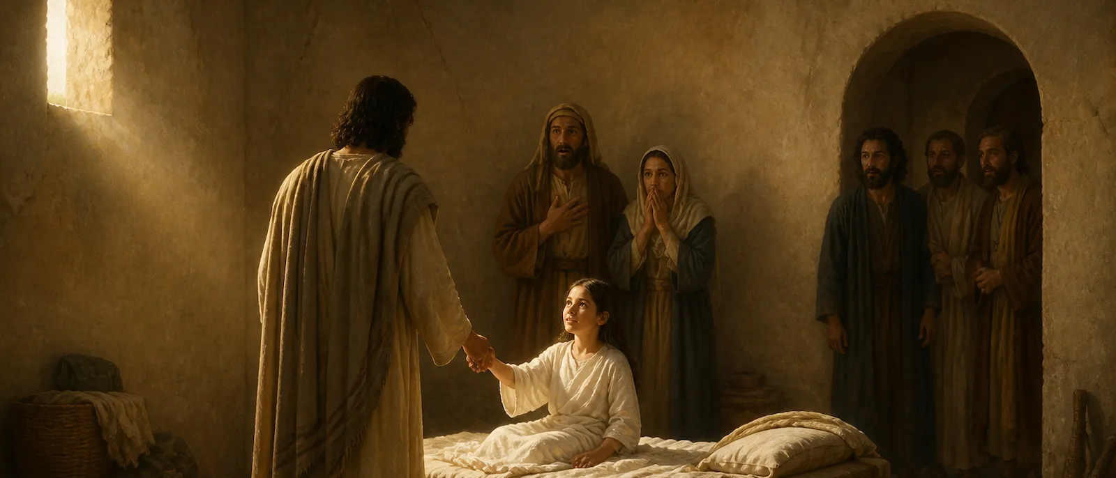 Jesus takes a young girl by the hand as she sits up on her bed inside a simple stone room, witnessed by her parents and three followers.